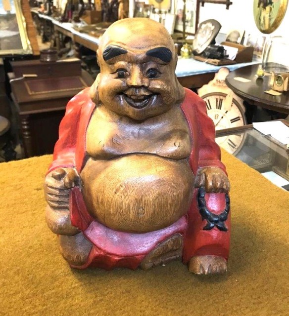 Vintage Solid Wood Carved Laughing Buddha Figure