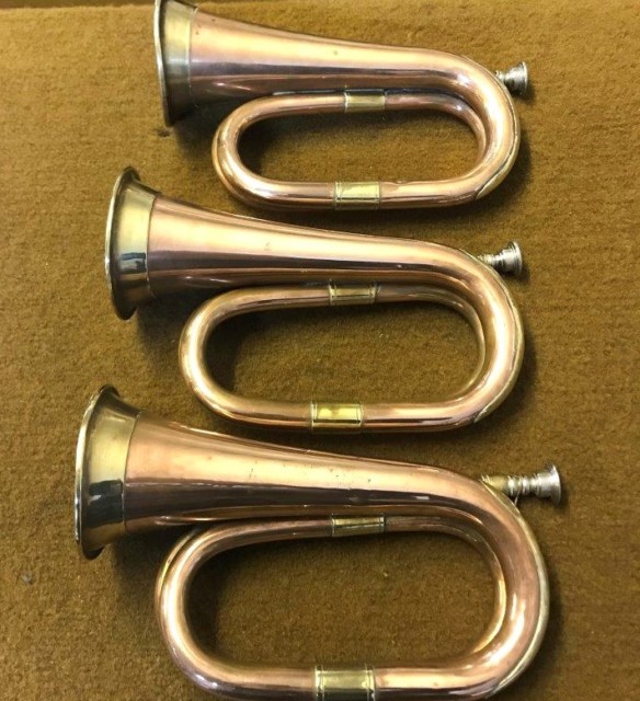 Vintage Set of 3 Military Bugles Copper / Brass with Plated Mouthpiece