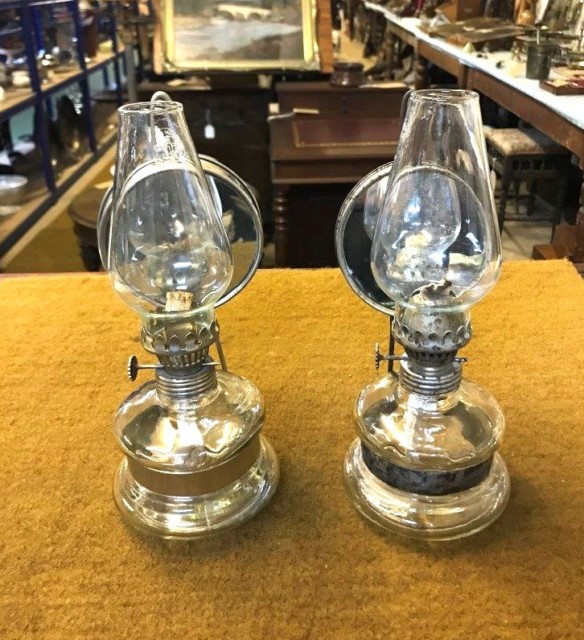 Vintage Pair of Glass Oil Lamps with Mirror Reflectors