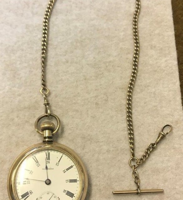 Antique Gold Plated Waltham Open Face Pocket Watch 15 Jewels 24 Hour Dial