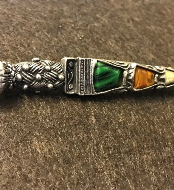 Vintage Scottish Dirk Kilt Pin White Metal and Faux Agate Stones