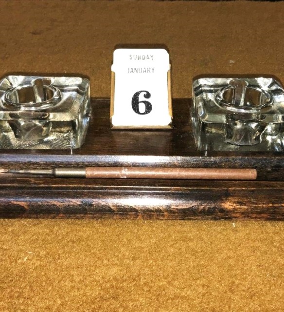 Vintage Inkwell Stand / Pen Rest with Perpetual Calendar