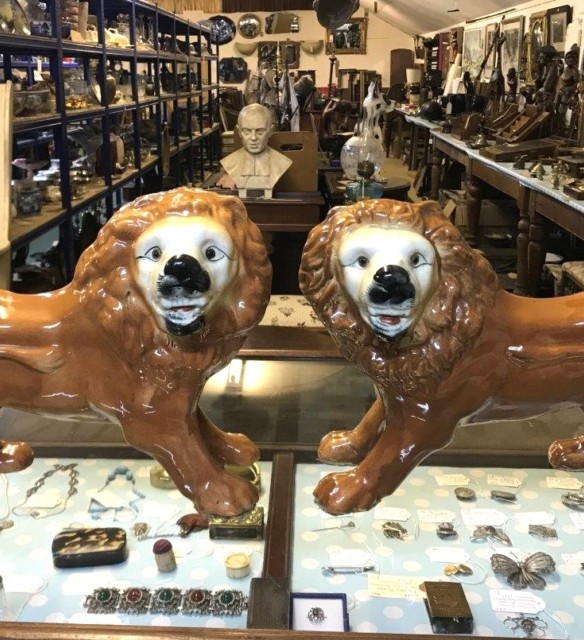 Pair Staffordshire Pottery Lions