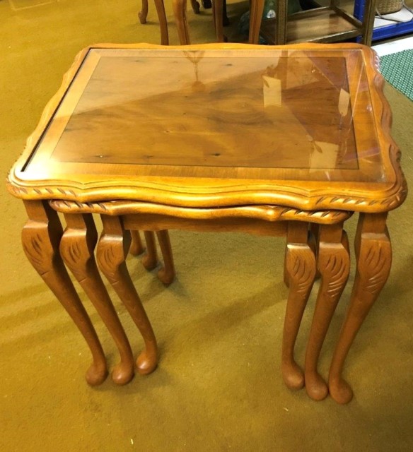Vintage Queen Anne Style Nest of Tables with Glass Tops