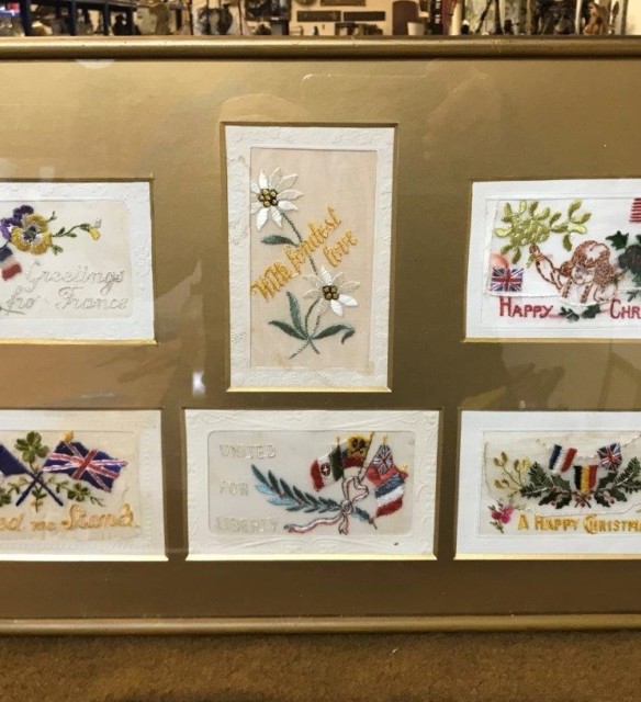 Framed Collection of 6 Silk WW1 Military Xmas / Greetings Cards