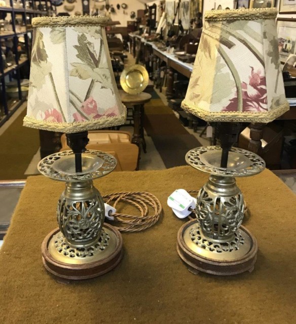 Vintage Pair of Oriental Brass Table Lamps with Floral Pattern Shades