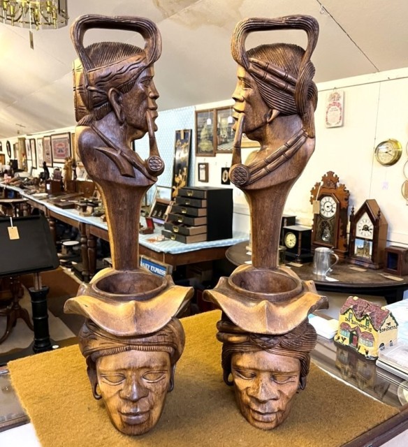 Vintage Pair of Tall Igorot Carved Wood Anthropomorphic Ceremonial Offering Bowls