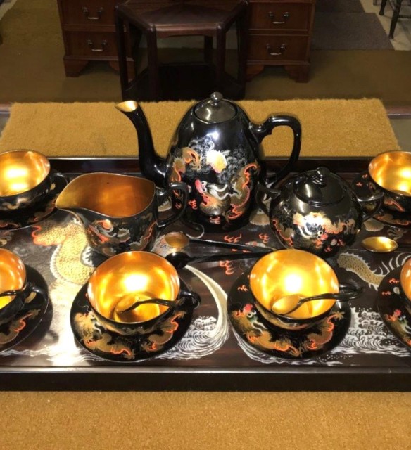 Vintage Chinese Black Lacquered Tea Set Shin Shadan Saeukee Foochow China