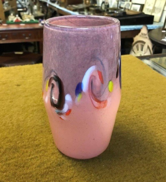 Vintage Scottish Strathearn Art Glass Vase Mottled Pink with Blue, Orange and White Coloured Swirls