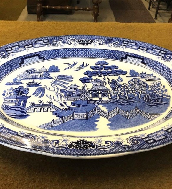 Vintage Oriental Blue White Pattern Meat Platter