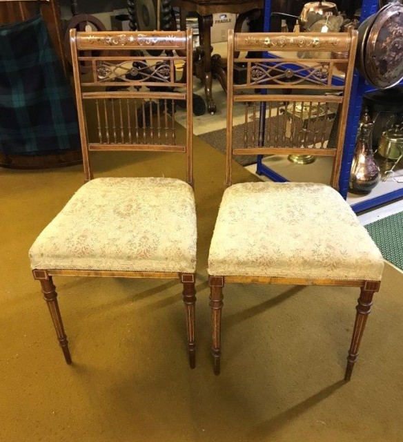 Edwardian Pair of Mahogany Inlaid and Painted Side / Dining Chairs