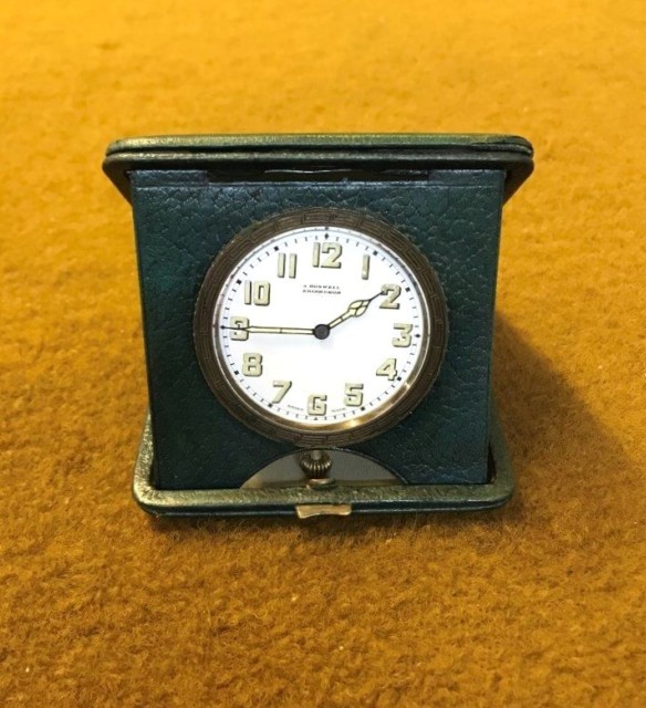 Vintage Leather Cased Travel Clock Swiss Made and Retailed by A Boswell Edinburgh