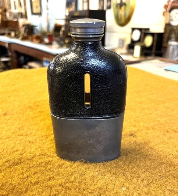 Antique Pewter / Glass / Leather Bound Spirit Flask by James Dixon & Sons Sheffield