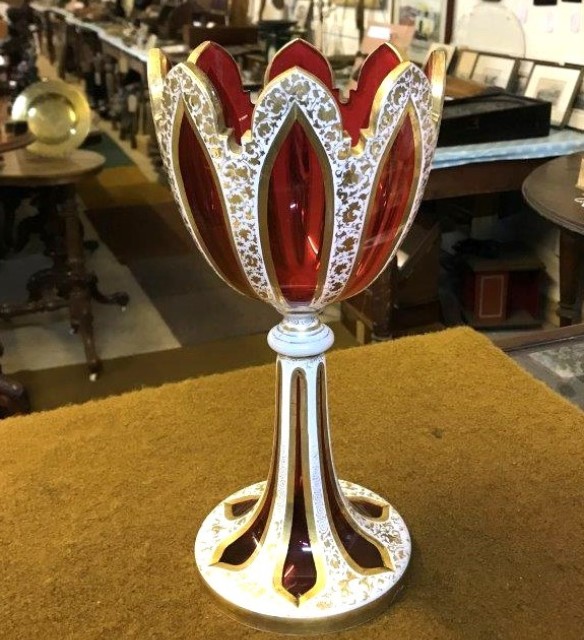 Antique Bohemian Overlaid Ruby Glass Vase / Table Centrepiece