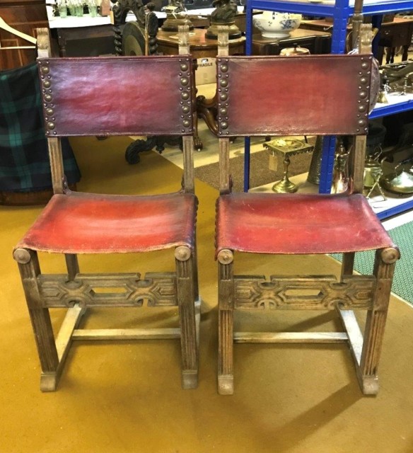 Pair of Spanish Revival Oak and Leather Side / Hall Chairs