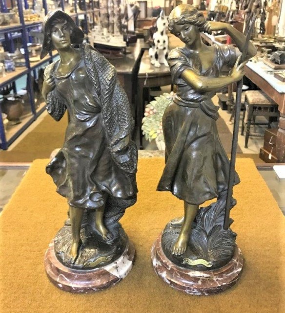 Pair of Bronzed Spelter Figures Peche and Moisson on Marble Bases