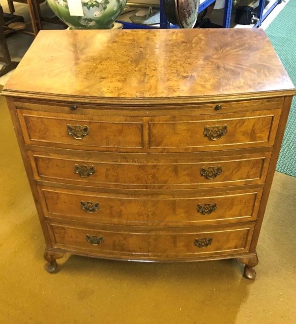 Queen Anne Style Burr Walnut Bow Front Chest of Drawers