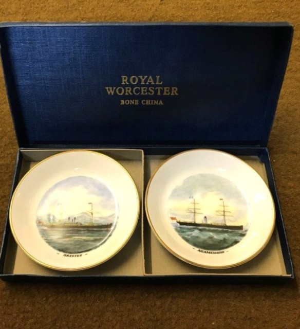 Vintage Royal Worcester Fine Bone China Trinket Dishes Blue Funnel Line Ships 'Agamemnon' and 'Orestes'