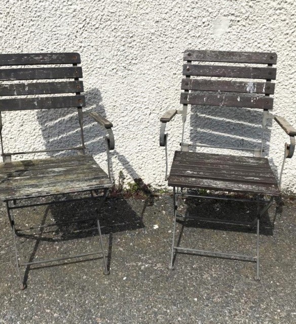 Vintage Pair of Folding Outdoor Bistro Chairs Teak and Wrought Iron