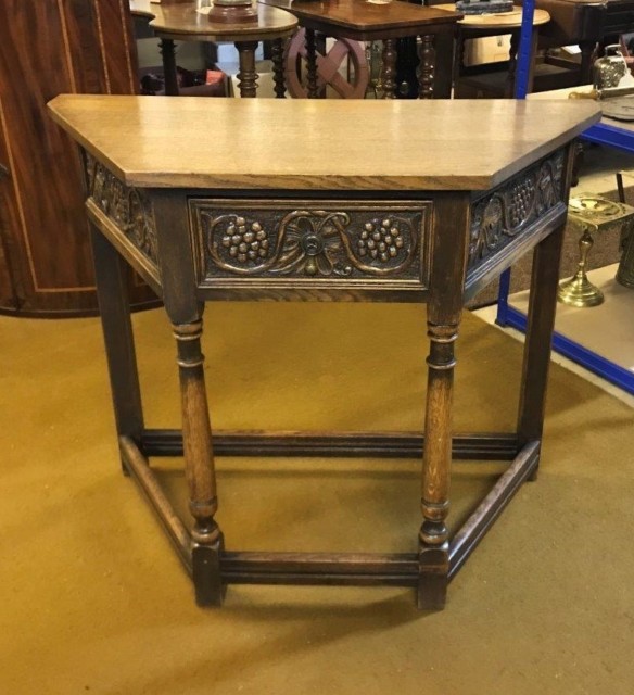 Vintage Carved Oak Canted Hall / Console Table with Grape and Vine Design