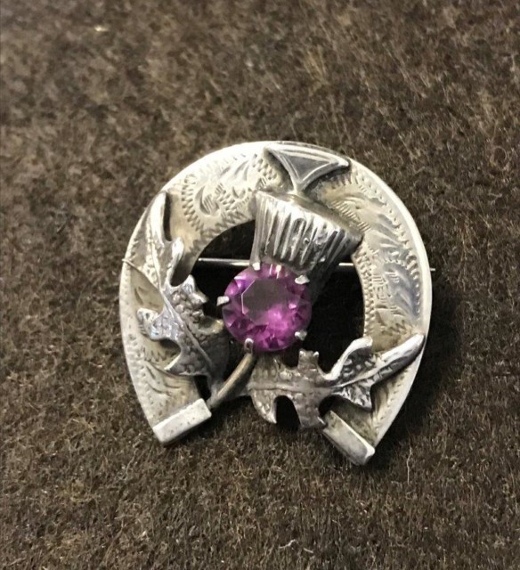 Vintage Scottish Silver Lucky Horseshoe Thistle Brooch with Purple Stone