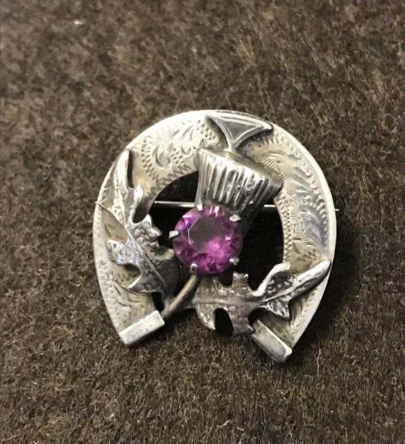 Vintage Scottish Silver Lucky Horseshoe Thistle Brooch with Amethyst Coloured Stone