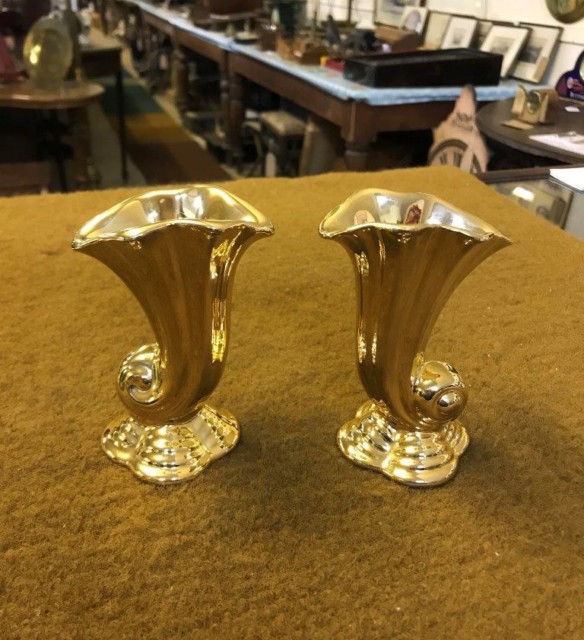 Vintage Pair of Royal Winton Grimwades Gold Cornucopia Spill Vases