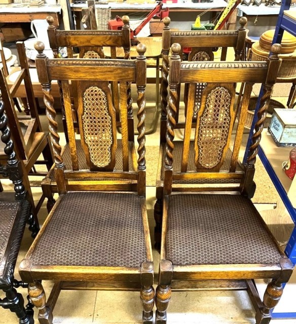 Antique Set of 4 Oak Jacobean Revival Bergère Dining Chairs