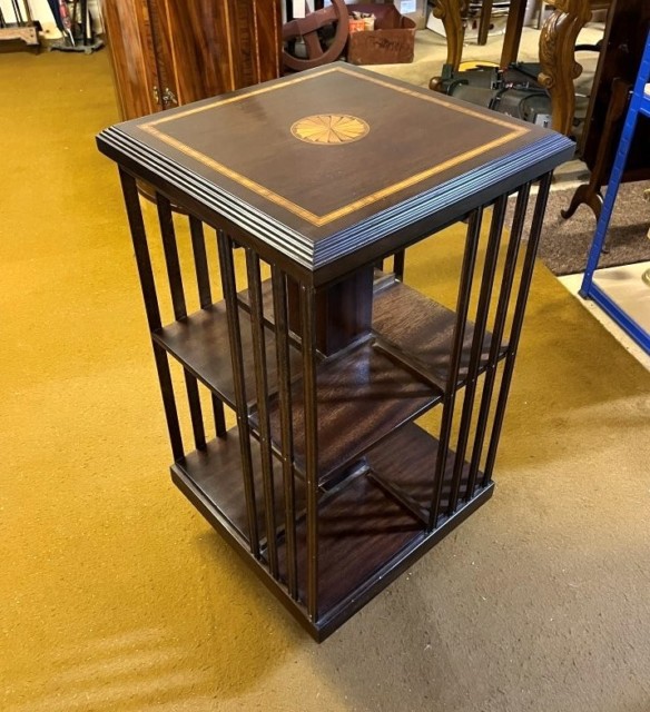 Mid Century Mahogany Inlaid Revolving Bookcase