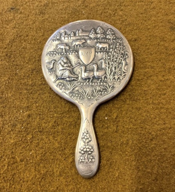 Antique Silver Plated Repousse Hand Mirror with European Farmyard Scene