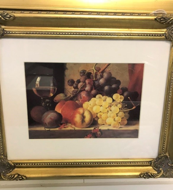 Still Life Print in Gilt Frame Fruit and Butterfly EL Monogram