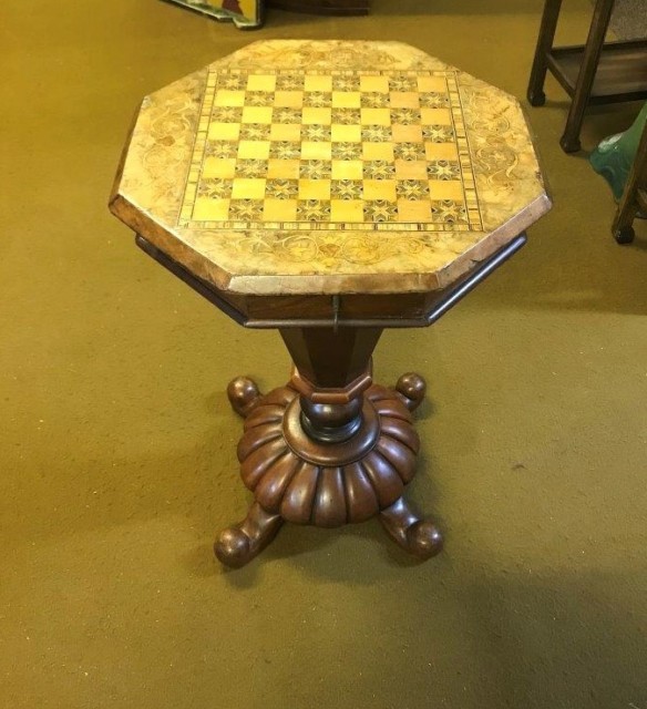 Victorian Walnut Inlaid Chess Top Trumpet Sewing Box