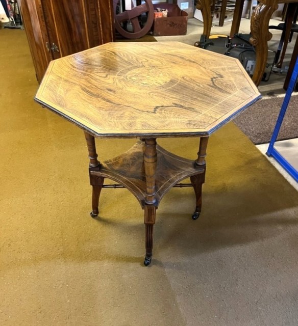 Vintage Octagonal Walnut Two Tier Inlaid Occasional Table