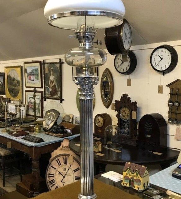 Victorian Silver Plated Corinthian Column Oil Lamp ﻿Marked J H Potter Sheffield