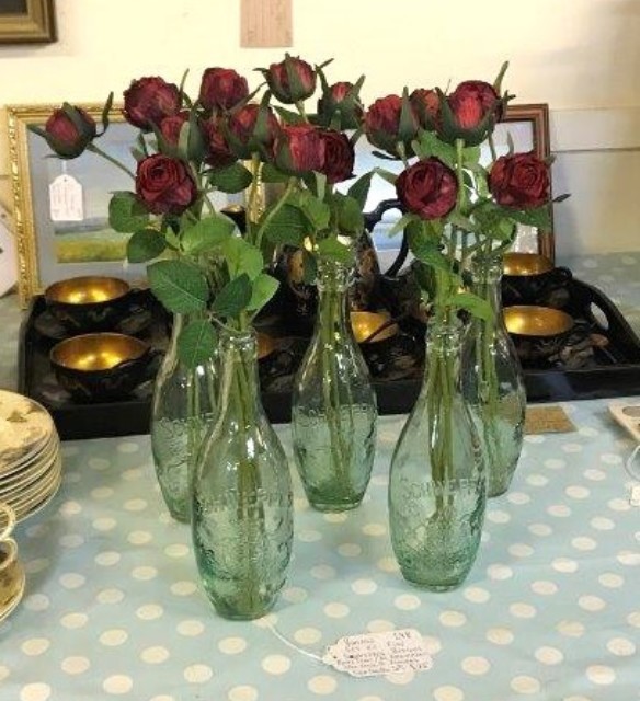 Vintage Set of 5 Schweppes Clear Glass Bottles Embossed with Royal Crest and By Appointment