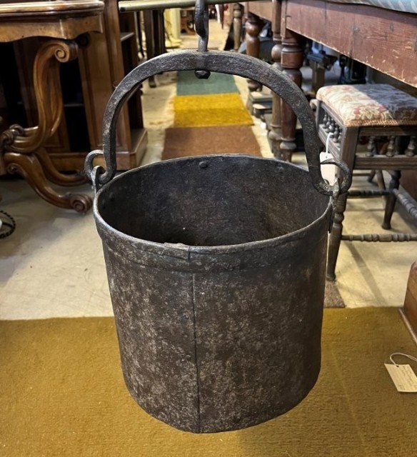 Antique Heavy Iron Riveted Well Bucket with Wrought Iron Hanger