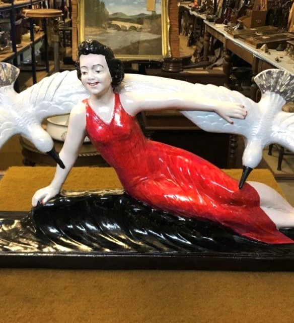 Art Deco Plaster Sculpture of Reclining Lady and Seagulls Signed R.Volpi No44 Circa 1930s