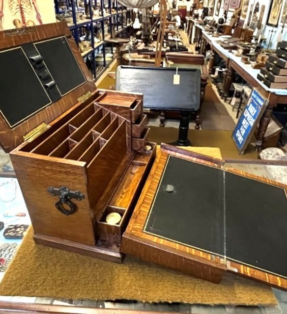 Edwardian Tiger Oak Stationery Cabinet / Writing Slope