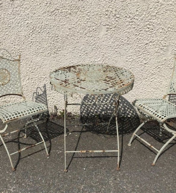 Vintage Outdoor Table and Chairs Wrought / Strap Iron with Decorative Panels