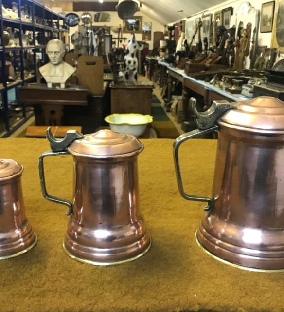 Vintage Set of 3 Graduated Copper Brass Lidded Jugs