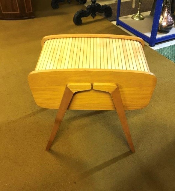 Mid Century Wooden Sewing Box with One Piece Roll Top / Tambour Lid and 2 Sliding Storage Sections