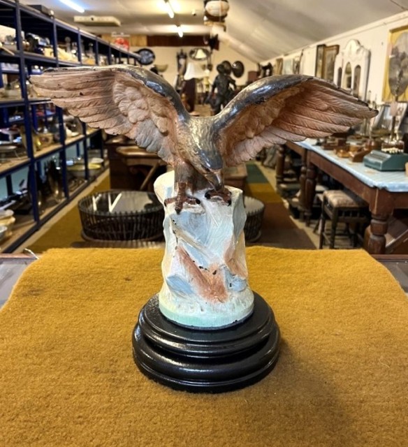 Vintage Cold Painted Cast Brass Eagle Figure On Heavy Ceramic Base