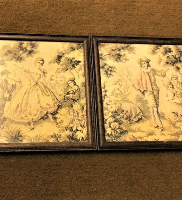 Pair 19th Century Embroidered Panels Boy and Girl