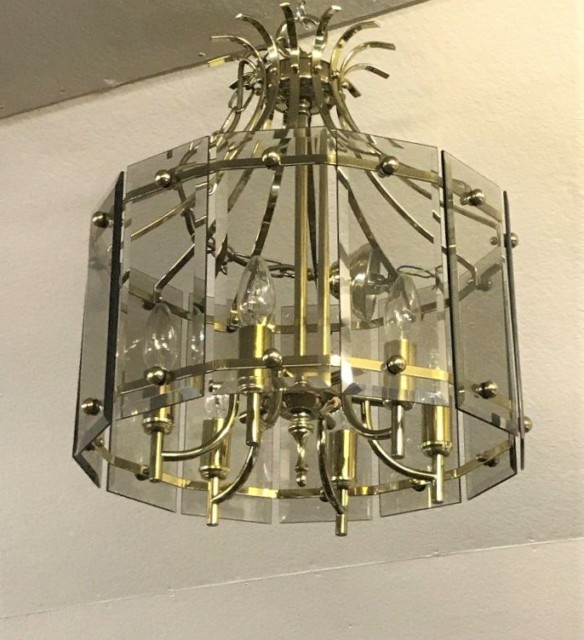 Mid 20th Century Brass and Smoked Glass Panel Chandelier