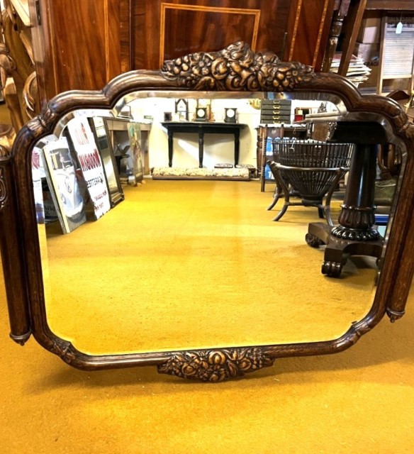 Antique Large Art Nouveau Carved Oak Wall Hanging Mirror