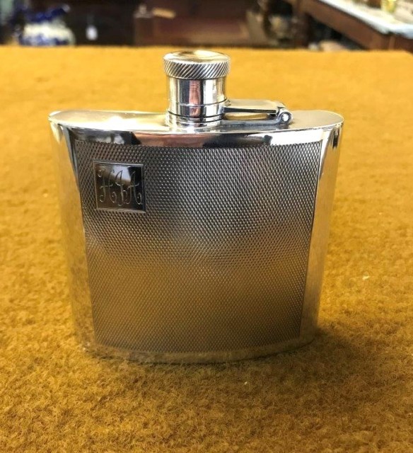 Silver Plated Engine Turned Whisky Flask Monogramed HJA