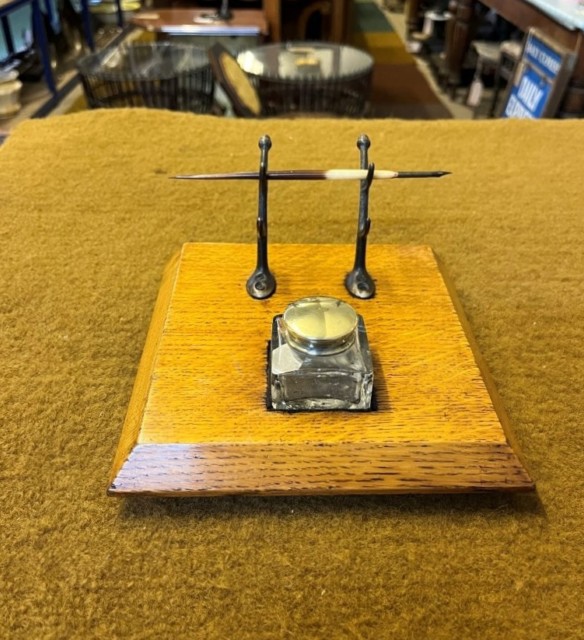 Antique Oak Inkwell / Pen Rest