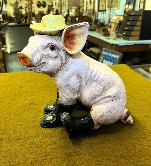 Vintage Cast Iron Pig in Boots Door Stop
