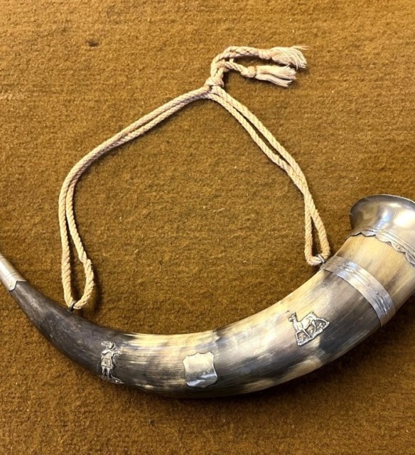 Antique Bovine Hunting Horn White Metal Mounts and Mouthpiece