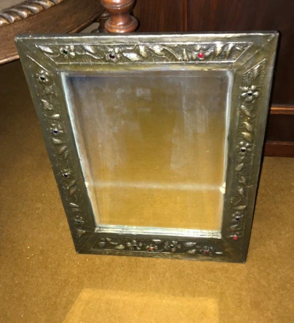 Arts & Crafts Brass Framed Bevelled Edge Wall Mirror Surround Embossed with Flowers with Jewelled Glass Flower Heads